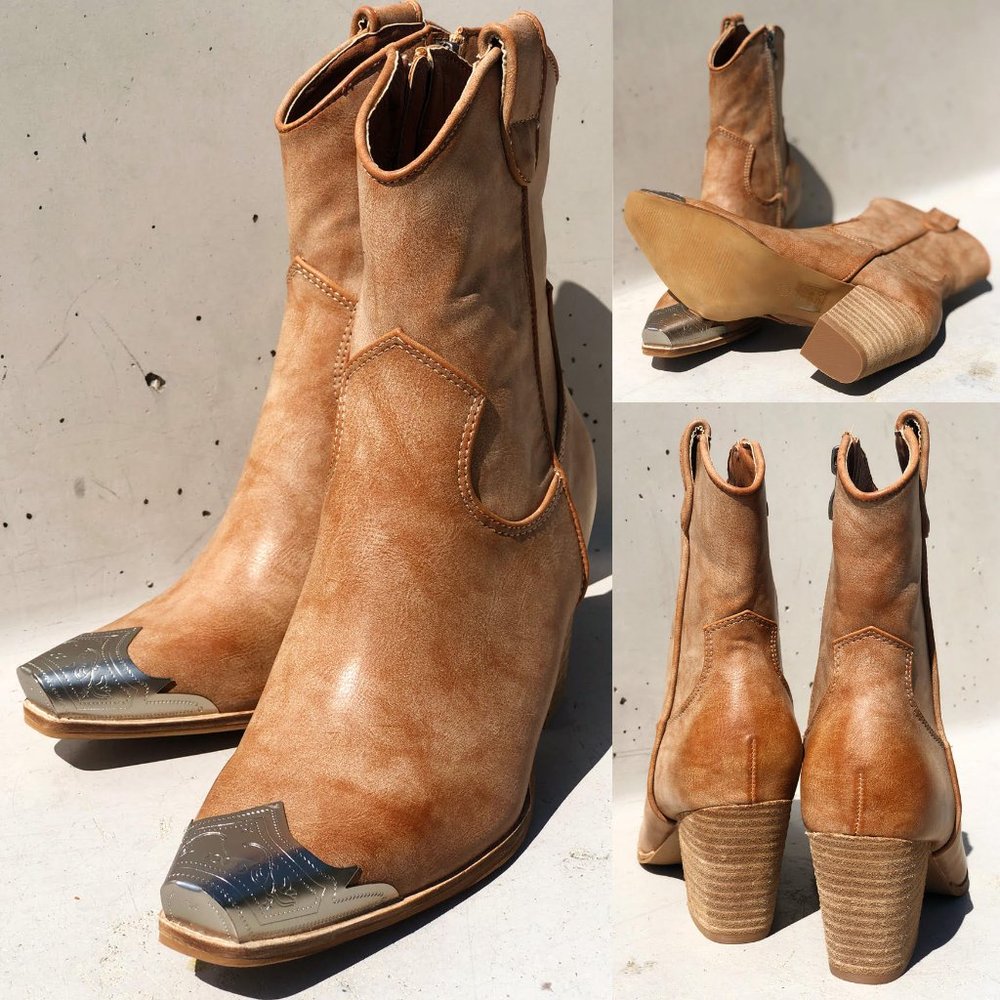 NEW Distressed Nude PU Leather Metal Toe Block Heel Cowgirl Western Ankle Boots - Picture 4 of 14